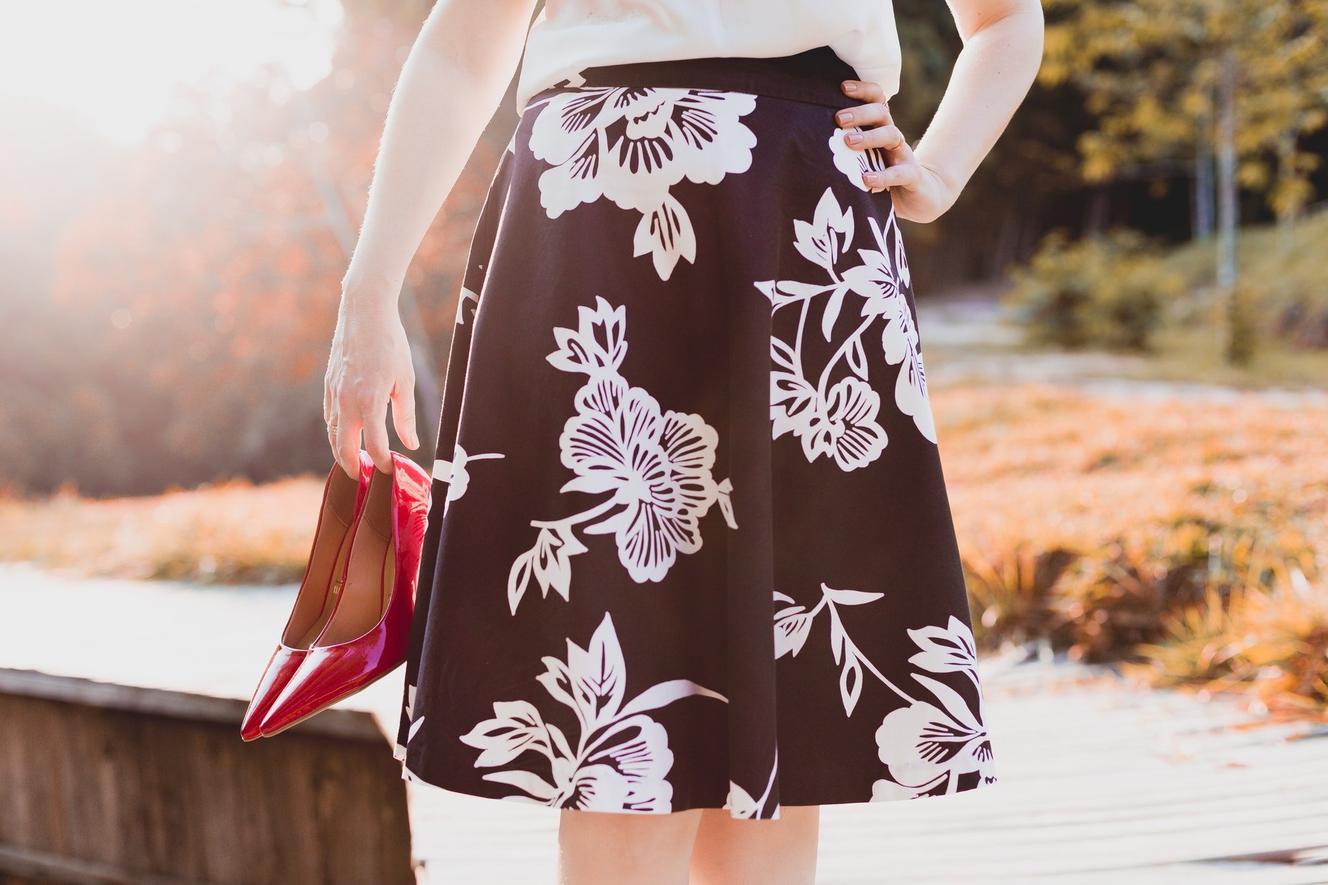 Black midi skirt with white flowers